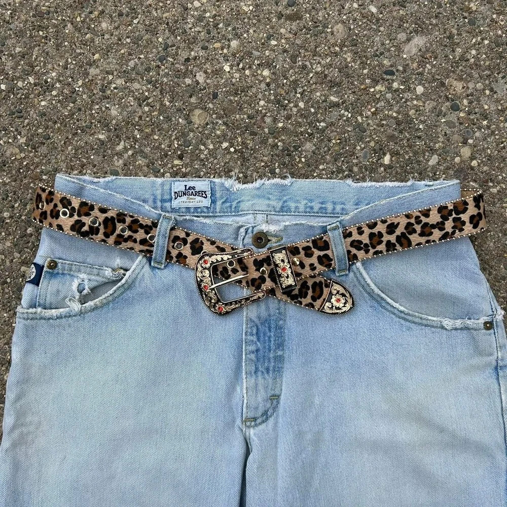 Vintage style cheetah leopard print fur belt american tan and brown bedazzled